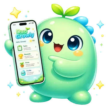 Duogrowly mascot encouraging kids and parents to complete missions together